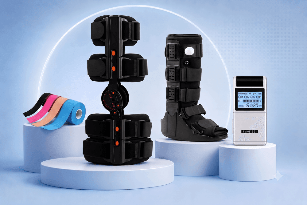 Premium orthopedic recovery products in Pakistan — ROM knee brace, air walker boot, TENS/EMS device, and kinesiology tape
